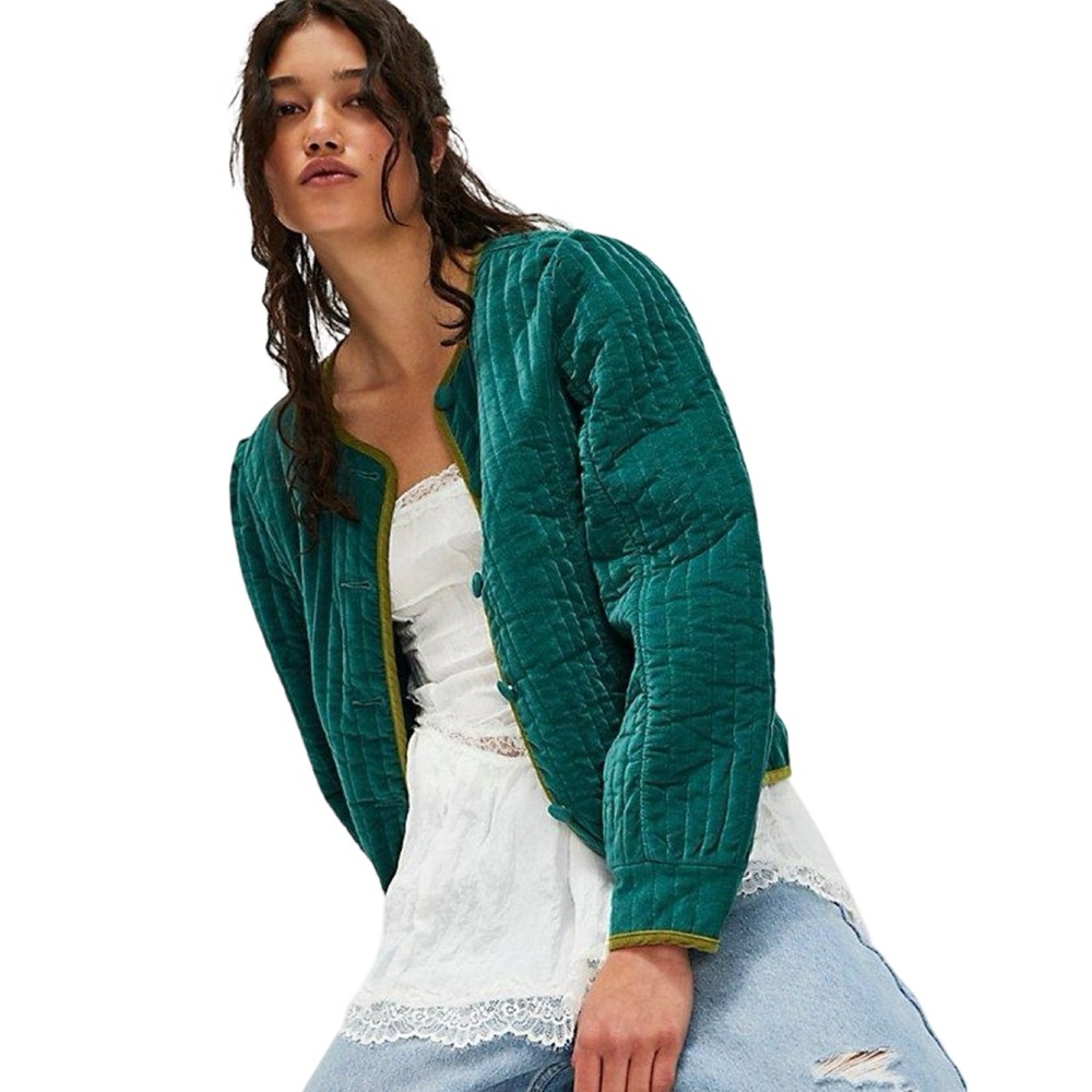 Free People Natalia Velvet Jacket Green Emerald XS NWT